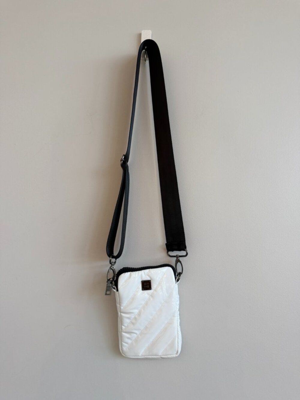 Think Royln White Quilted Phone Crossbody Bag Black Strap NWOT
